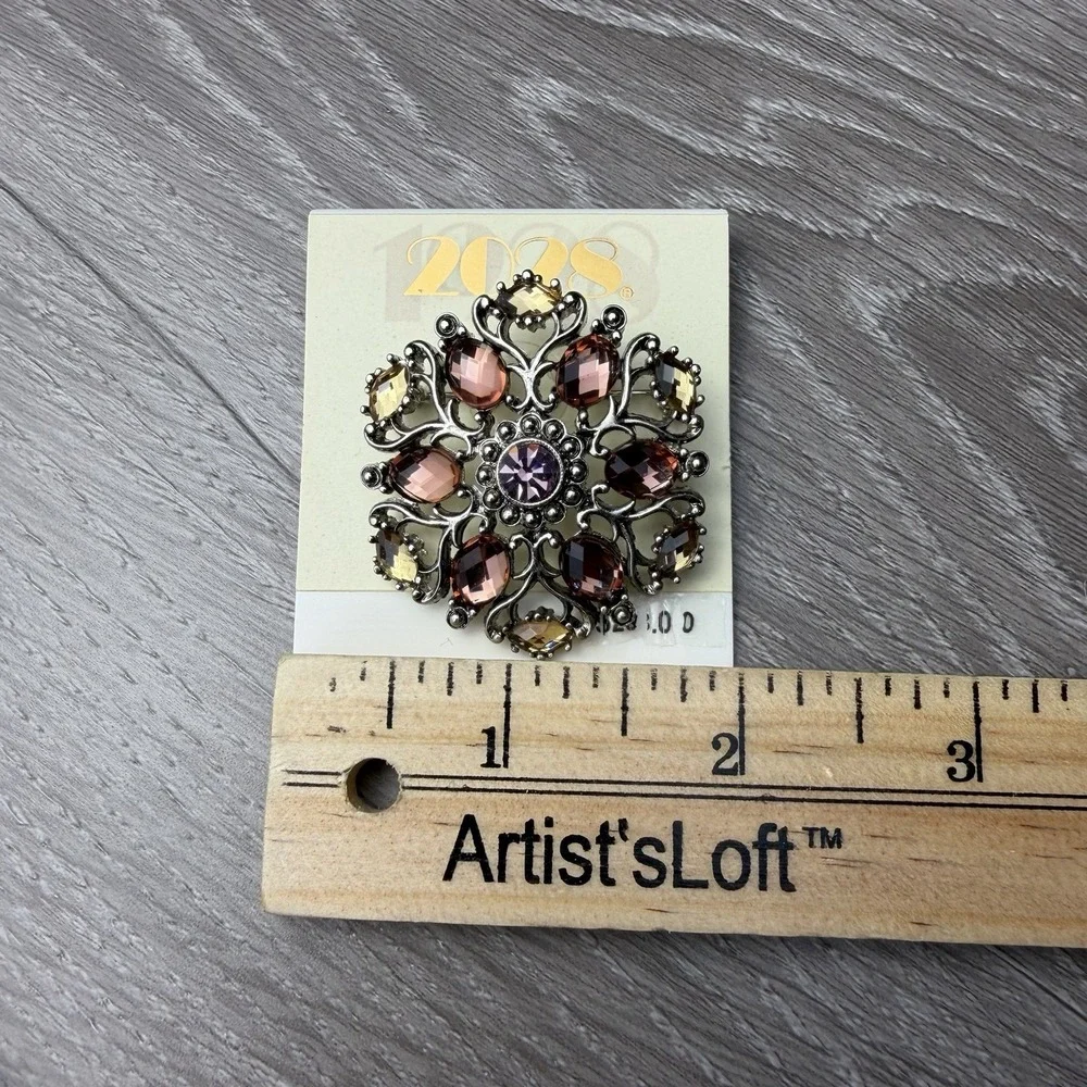 2028 Jewelry Silver Tone Purple Amethyst Topaz Rhinestone Filigree Brooch Pin